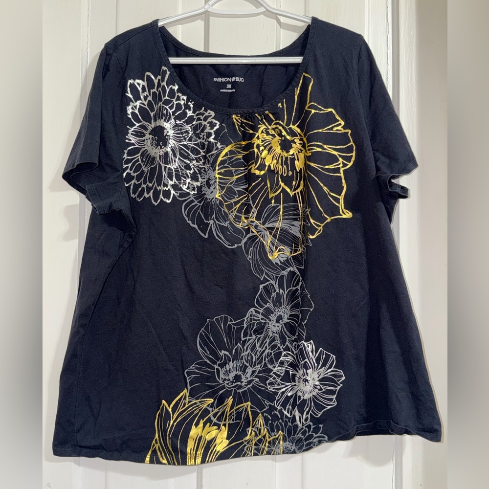 Women's plus size 3X Fashion Bug Black Top with Floral Design flowers summer